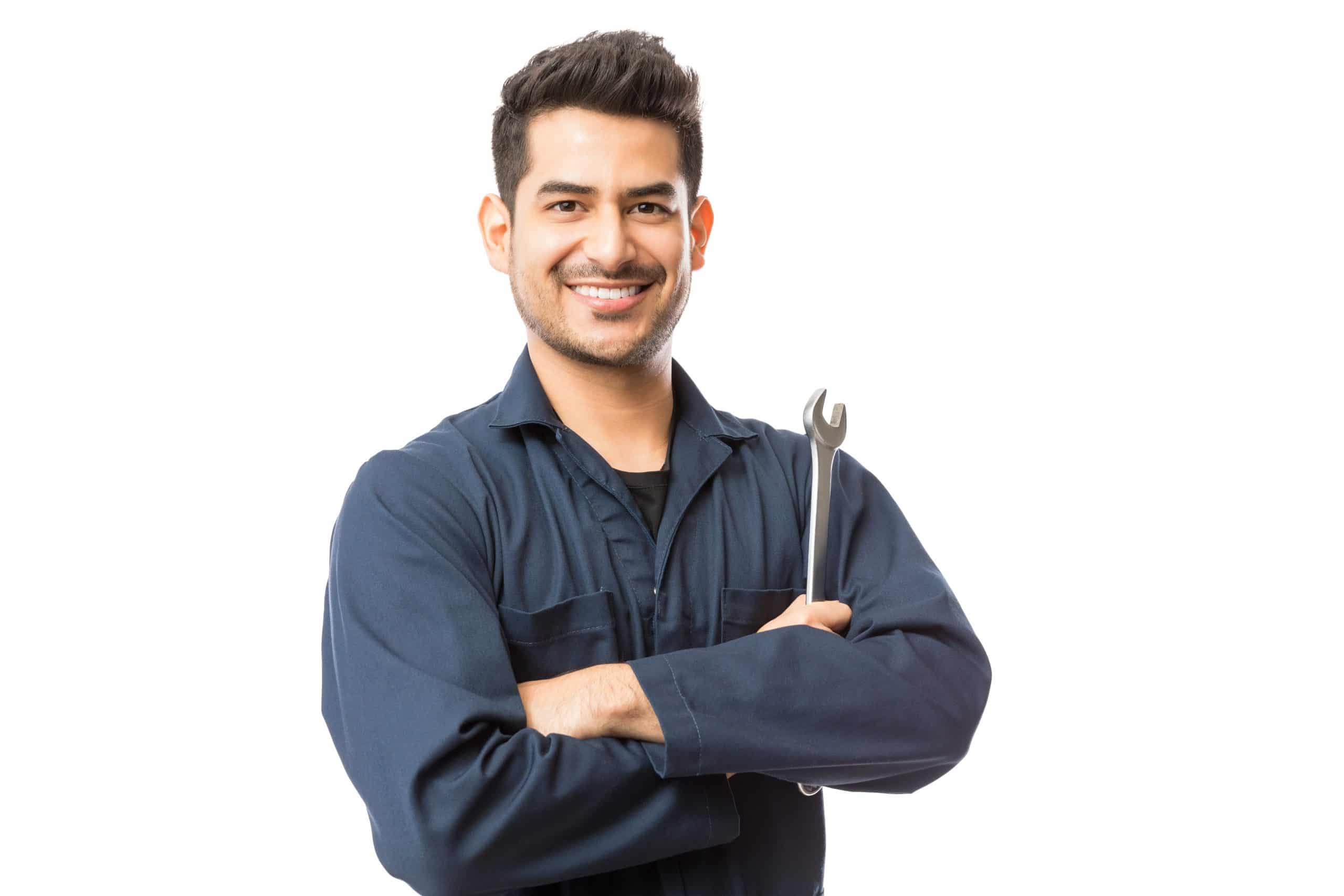 Smiling,Auto,Mechanic,With,Wrench,Standing,Hands,Folded,On,White